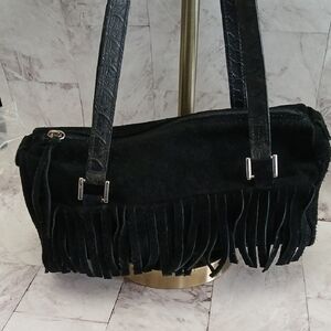 Vera Pelle Black Suede Fringe Shoulder Bag
